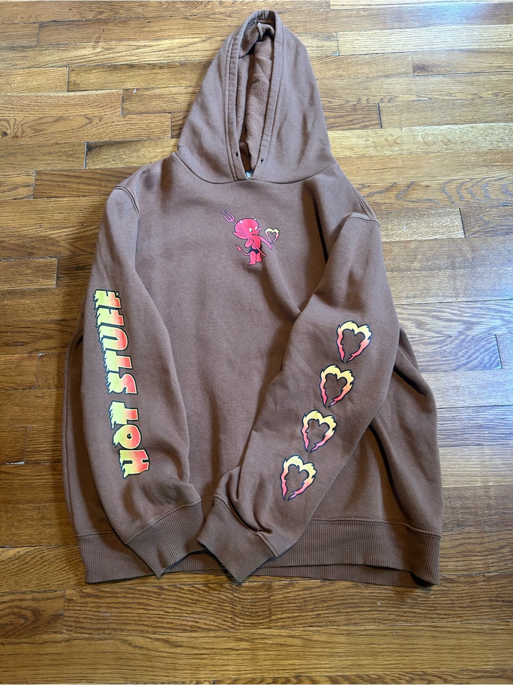 Y2K Brown Graphic Hoodie with Flame Heart & Hot Stuff Sleeve XL